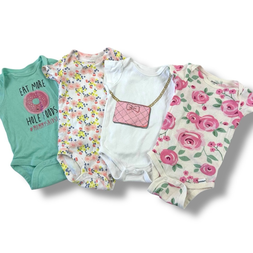 Girls Size 3-6 Month 4PC Bodysuit Bundle Pastels Florals Preppy Summer Girlie